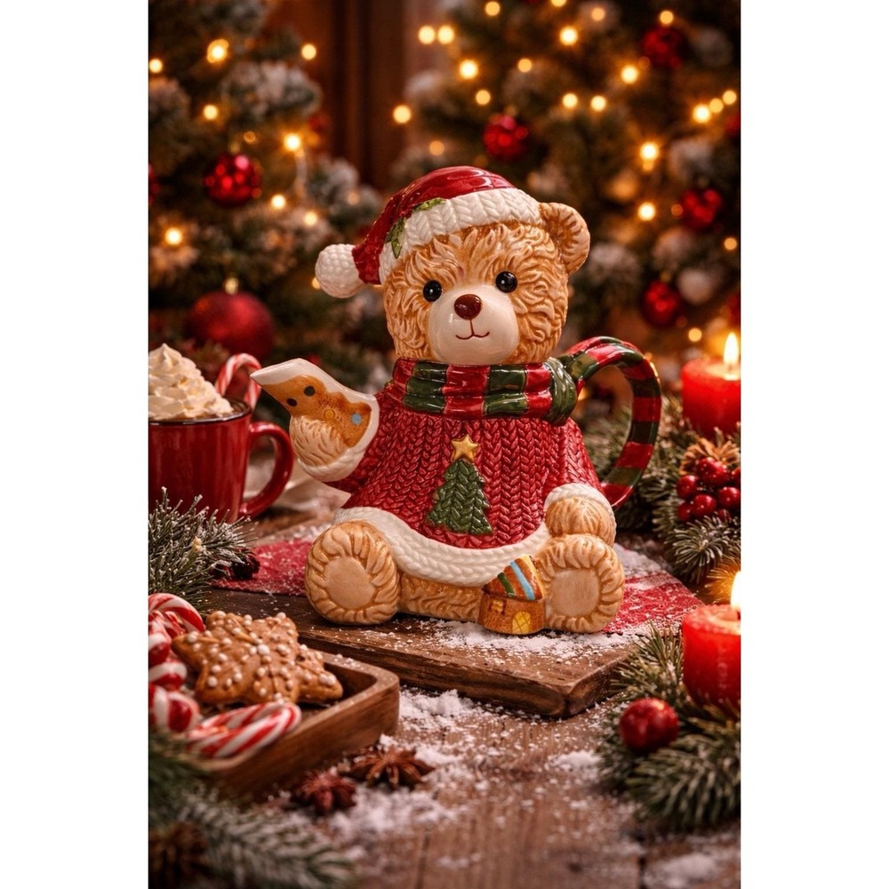 VTG 90s Teapot Teddy Christmas Bear W/ Sweater House of Lloyd Grannycore Cottage